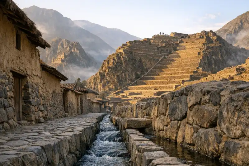 Ollantaytambo fortress terraces rising above the Sacred Valley town in Peru
