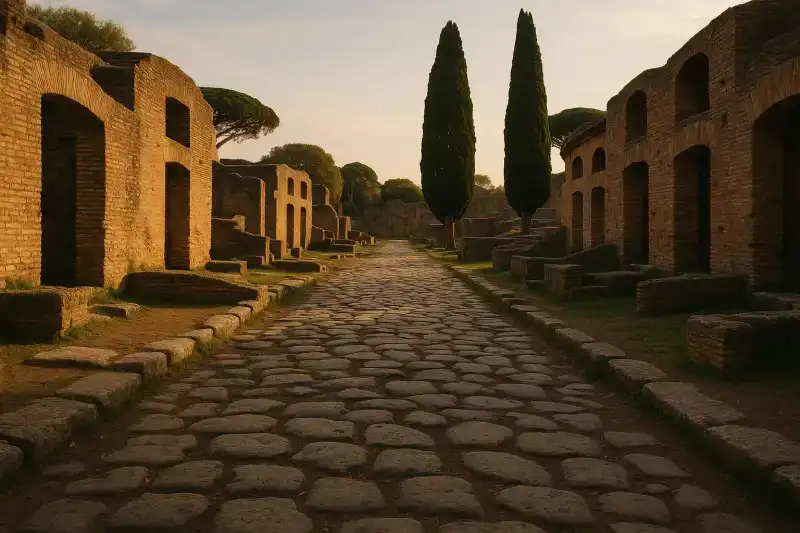 Ancient Roman street with mosaic floors and ruins at Ostia Antica, Italy