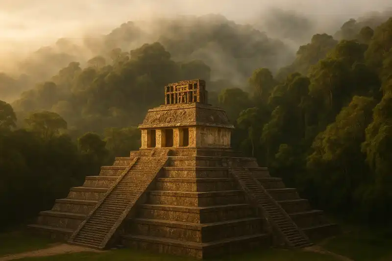 Palenque temples rising from dense rainforest in Chiapas, Mexico