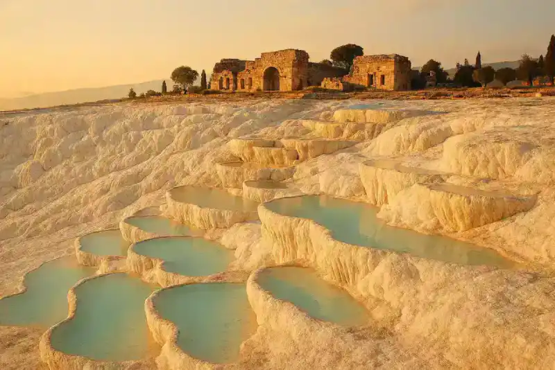 Brilliant white travertine terraces with turquoise thermal pools at Pamukkale, Turkey