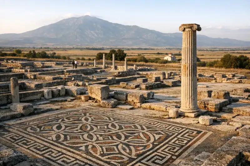 Archaeological ruins of Pella in Central Macedonia, Greece, with columns and ancient stone remains