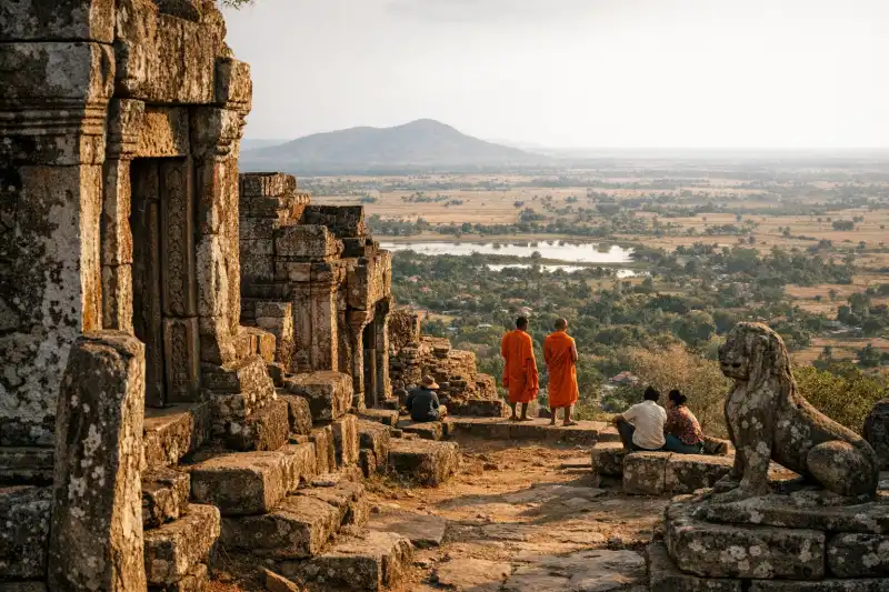 Stone ruins of Phnom Chisor temple on a hilltop in Cambodia overlooking the surrounding plains
