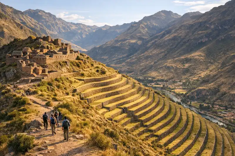 Inca terraces and ruins above Pisac in the Sacred Valley, Peru