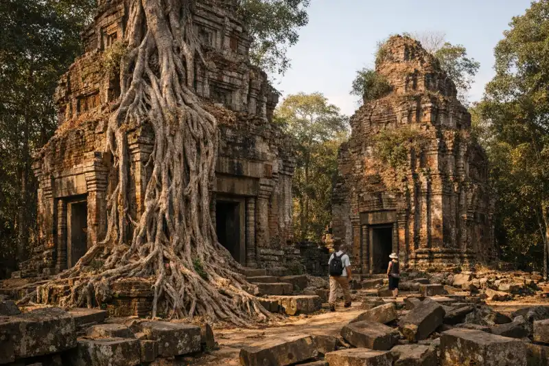 Prasat Pram temple towers entwined with tree roots in Cambodia
