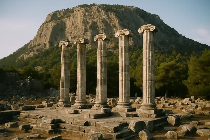 Temple columns and hillside ruins at Priene in Turkey