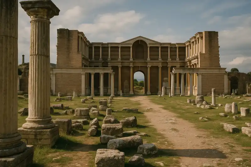 Temple columns and ancient remains at Sardis in western Turkey