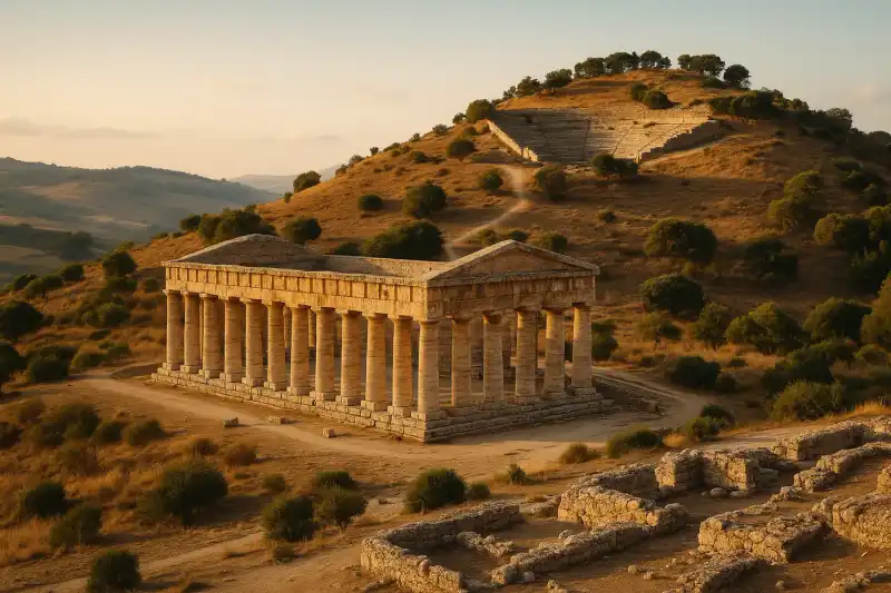 The temple and hilltop theater landscape at Segesta in western Sicily