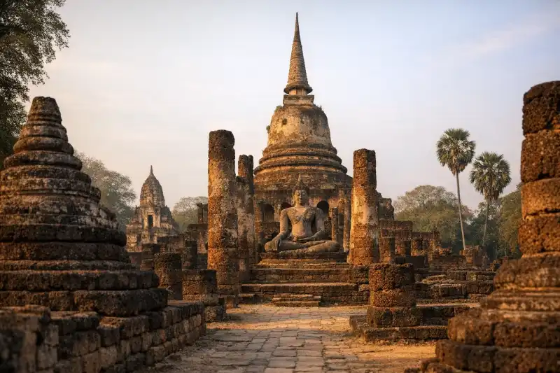 Ancient temple ruins and greenery at Si Satchanalai in Thailand