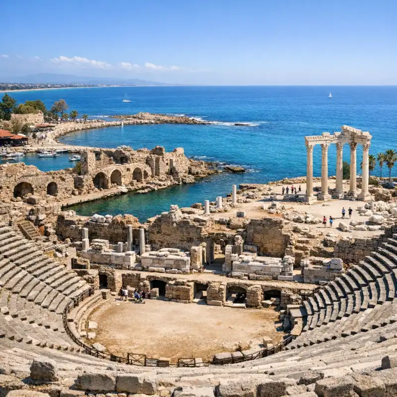 Ancient ruins and theater by the sea at Side in Turkey