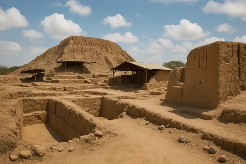 Excavated Moche burial area at the Sipán Royal Tombs in Peru