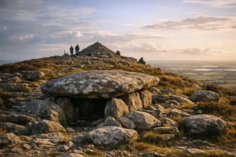 The passage tombs of Slieve na Calliagh rising above the hills of Ireland