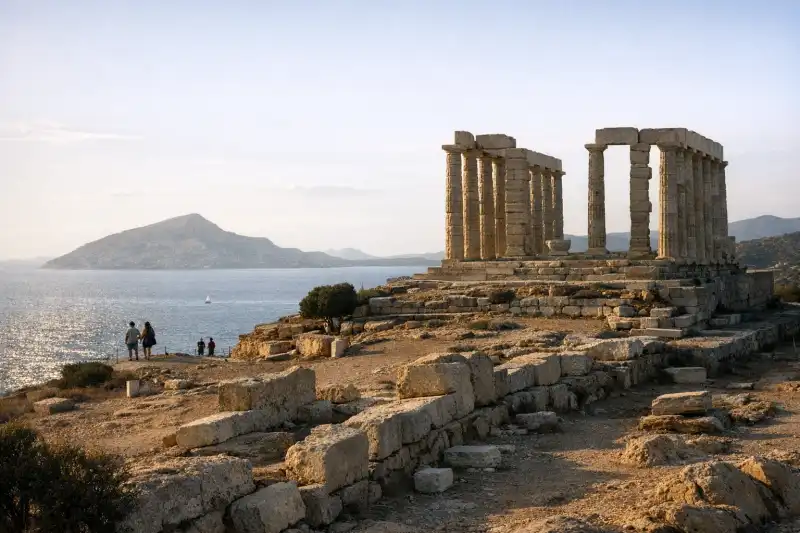 The Temple of Poseidon at Sounion above the Aegean coast in Attica, Greece