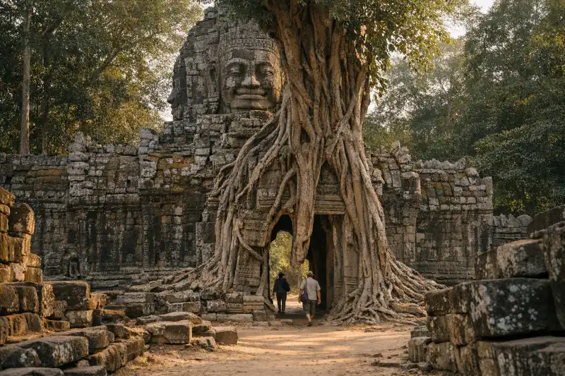 Ta Som temple entrance with overgrown roots in Cambodia