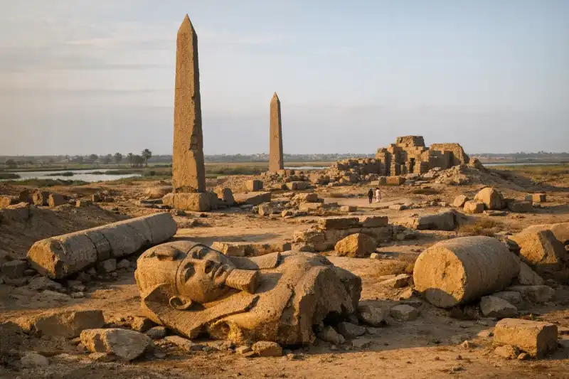 Ruins of Tanis in Egypt with scattered granite statues and temple remains across the Nile Delta plain