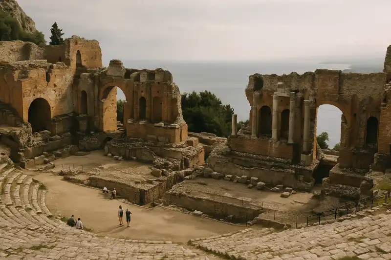 The ancient theater at Taormina with sea and Mount Etna views
