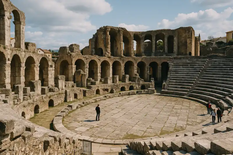 Stone seating and stage remains at the Roman Theater in Benevento, Italy