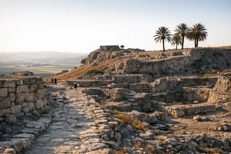 View of Tel Megiddo archaeological mound in Israel with excavated ruins and surrounding Jezreel Valley