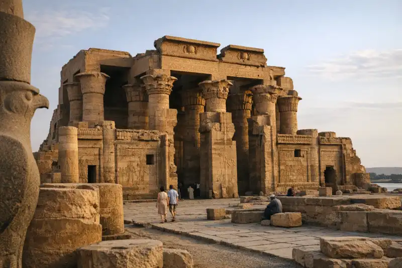 The Temple of Horus and Sobek in Kom Ombo, Egypt, with prominent columns and Nile backdrop