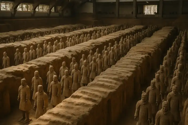 Rows of Terracotta Warriors standing in excavation pits near Xi'an, China