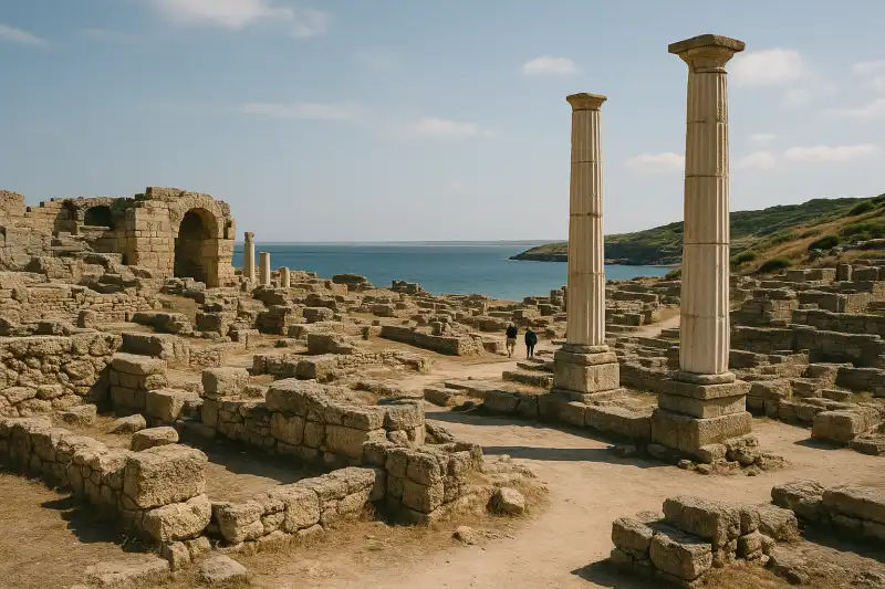 Ancient stone ruins and coastal headland at Tharros in Sardinia
