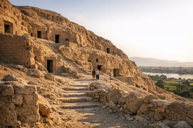 Intricate wall paintings inside the Tombs of the Nobles (Luxor), Egypt, depicting scenes of daily life and the afterlife