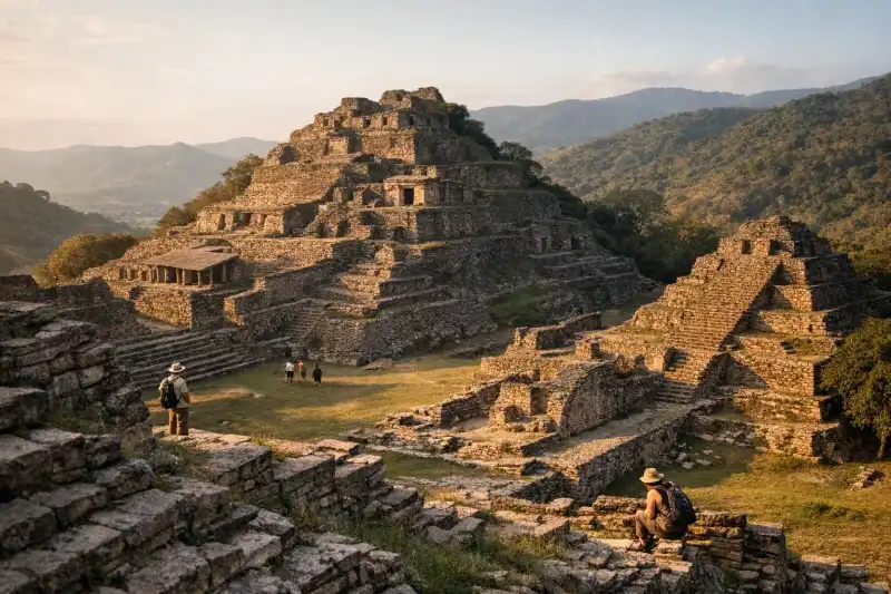 Toniná's terraced Maya acropolis rising above the valley in Chiapas, Mexico
