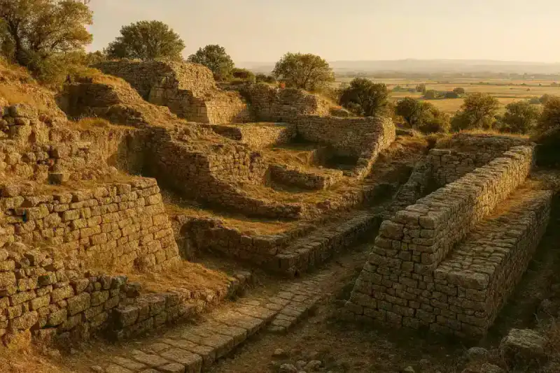 Ancient walls and layered ruins at Troy in Turkey