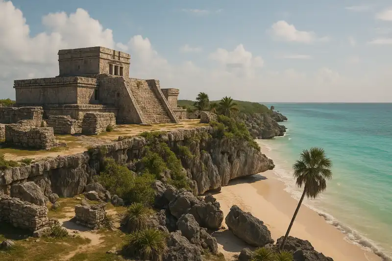 Tulum ruins above the Caribbean Sea in Quintana Roo, Mexico