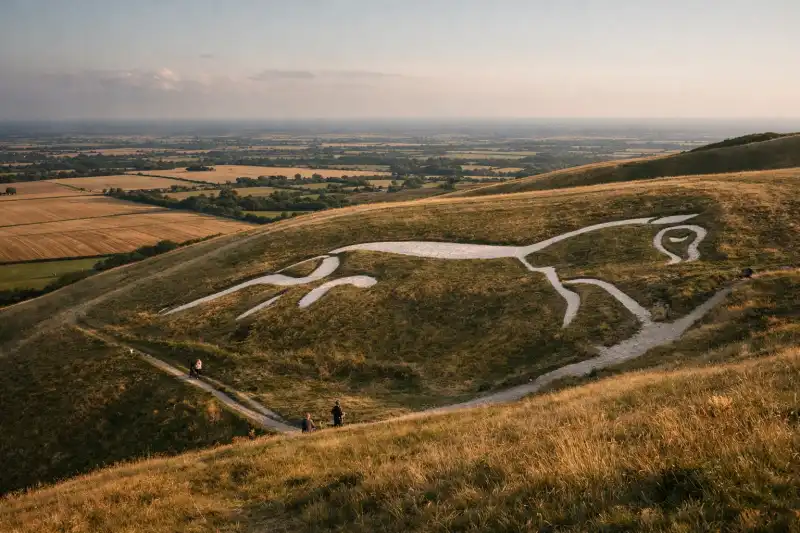 The Uffington White Horse carved into a chalk hillside in Oxfordshire, United Kingdom
