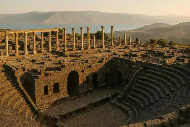 Black basalt ruins of Umm Qais overlooking the Sea of Galilee and Jordan Valley