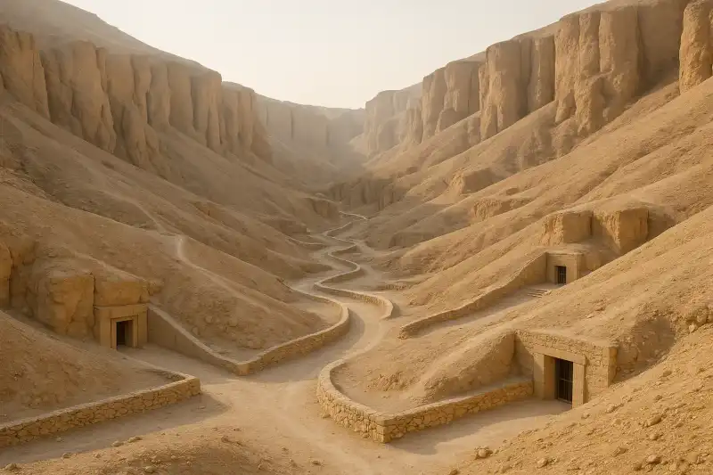 The arid Valley of the Kings with tomb entrances carved into the cliffs, Egypt