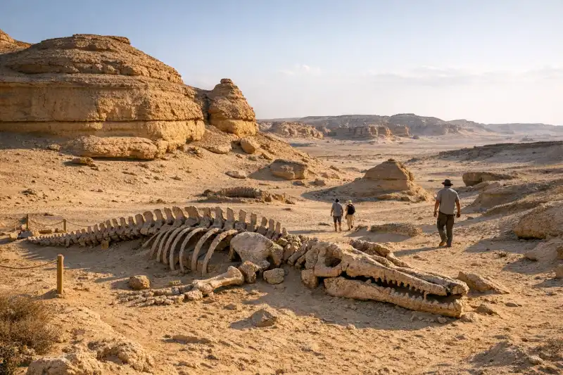 Panoramic desert landscape of Wadi el-Hitan (Valley of Whales) in Egypt with fossil-bearing rock formations