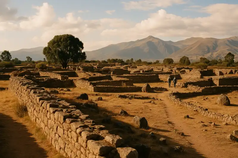 Stone compounds and excavated walls at Wari Archaeological Complex, Peru