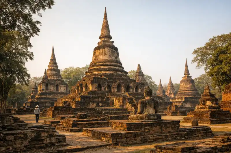 Ancient chedis at Wat Chedi Chet Thaeo in Thailand with trees and historic brick structures