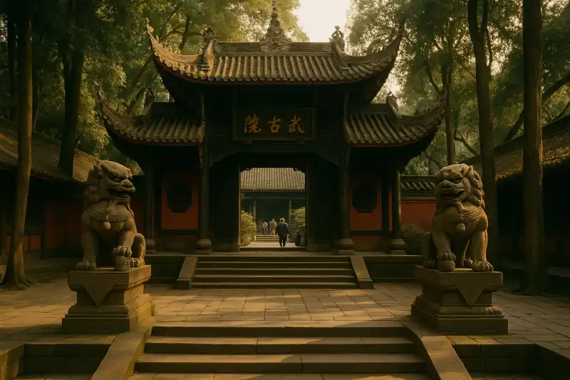Red-walled halls and ancient cypress trees of Wuhou Temple in Chengdu, China, with stone steles rising among the greenery
