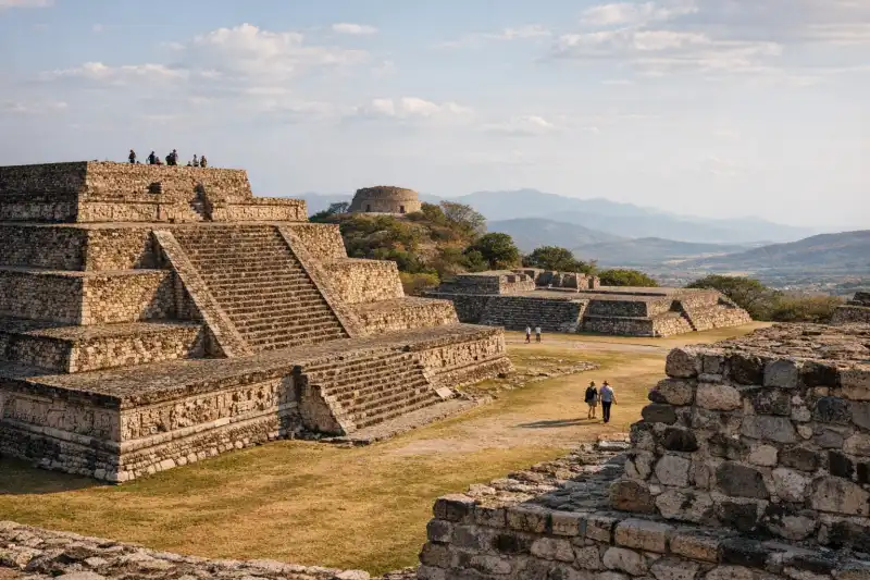 Ancient ruins of Xochicalco, Mexico, with pyramid structures atop a hill