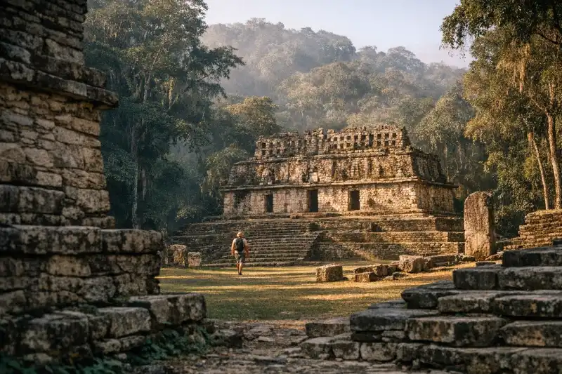 Yaxchilán ruins surrounded by jungle beside the Usumacinta River in Chiapas, Mexico