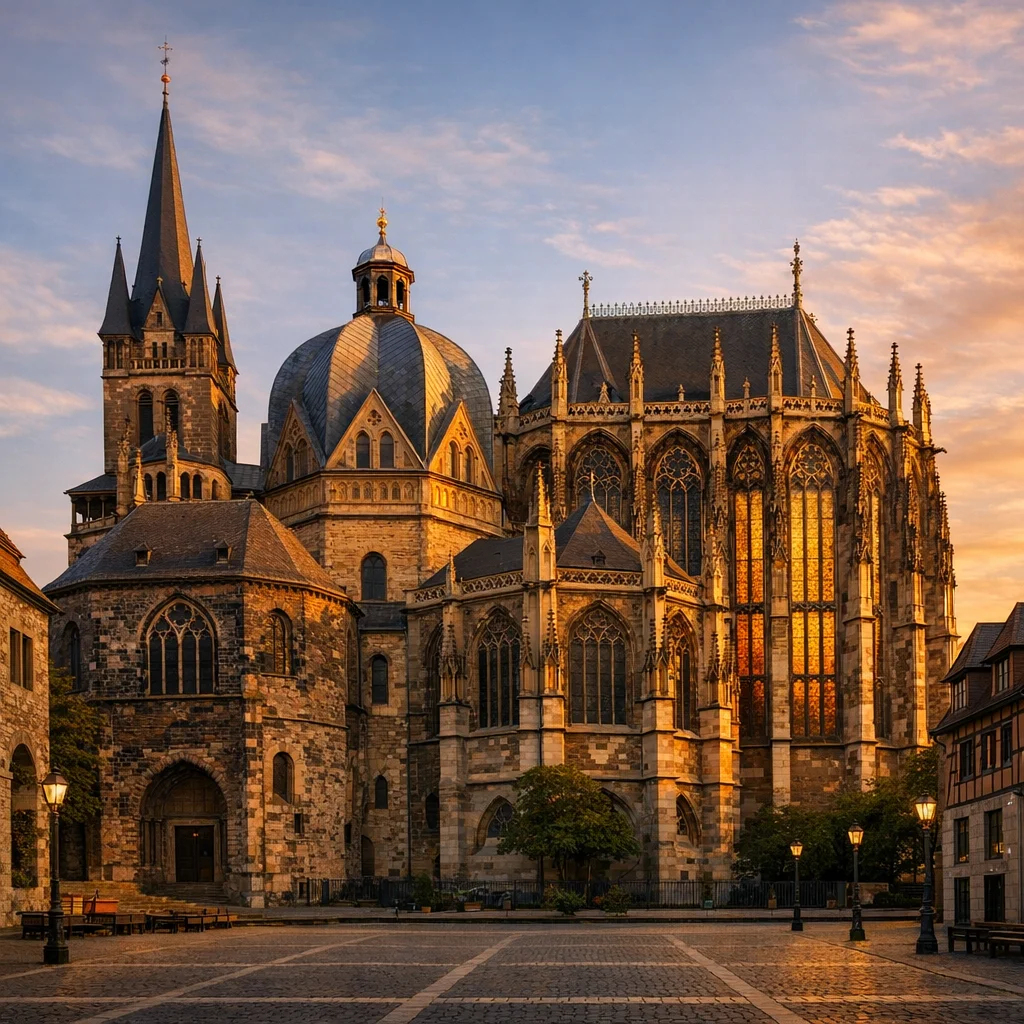 The octagonal dome and Gothic choir of Aachen Cathedral rising above the historic city center