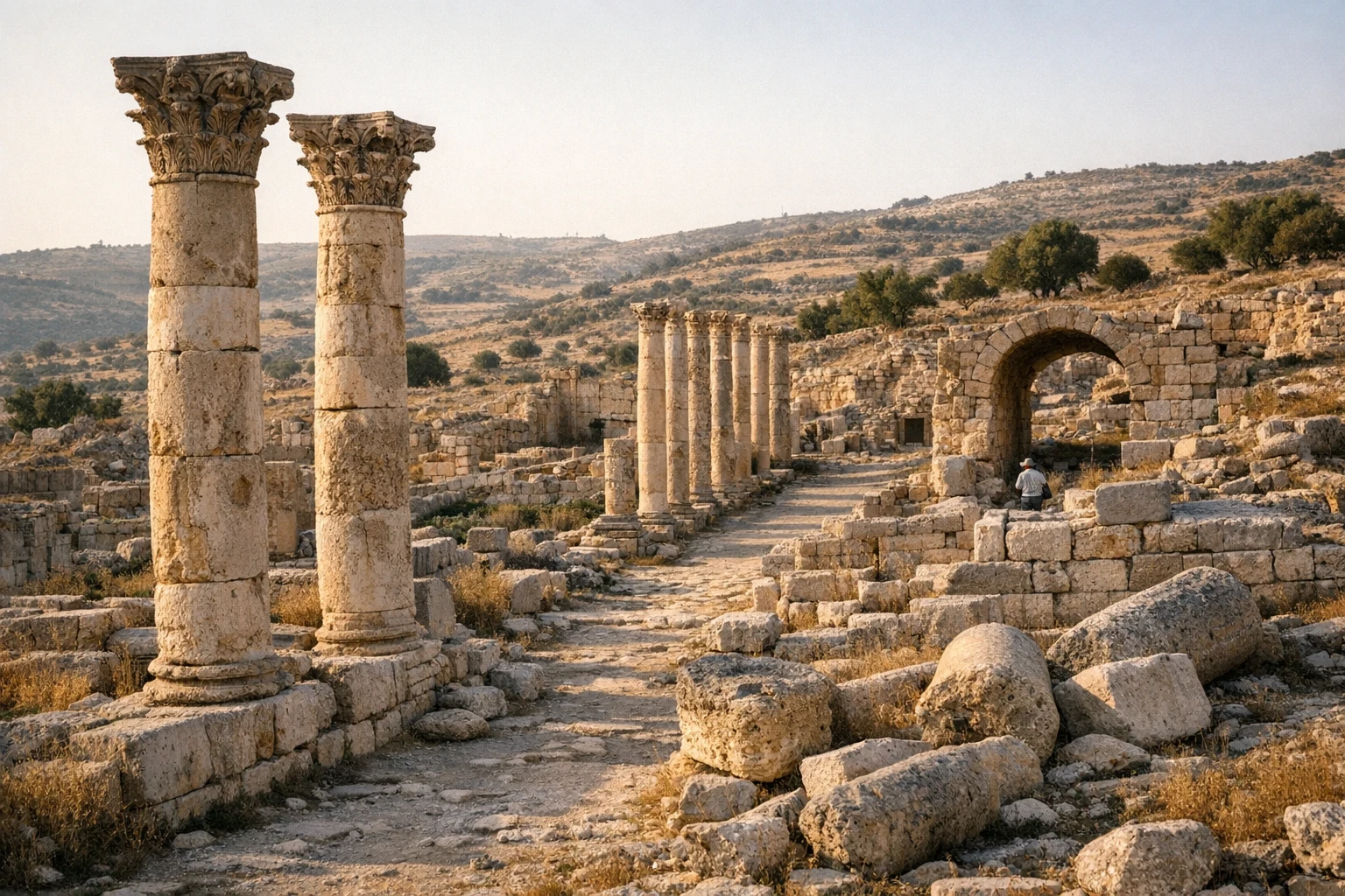 Ruins of ancient Abila in northern Jordan set among green hills and archaeological remains