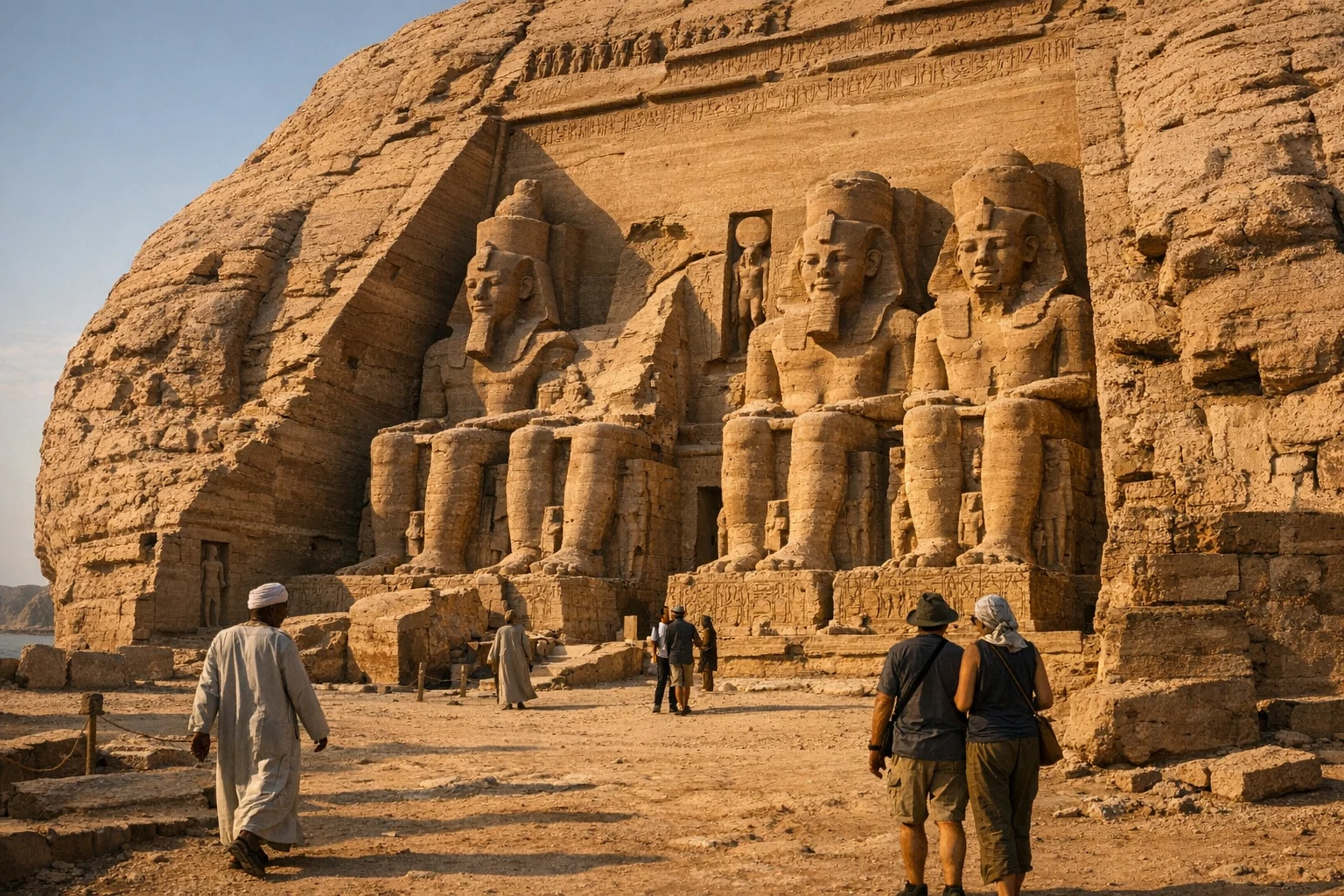 The colossal seated statues of Abu Simbel temple facade in Egypt above the desert near Lake Nasser