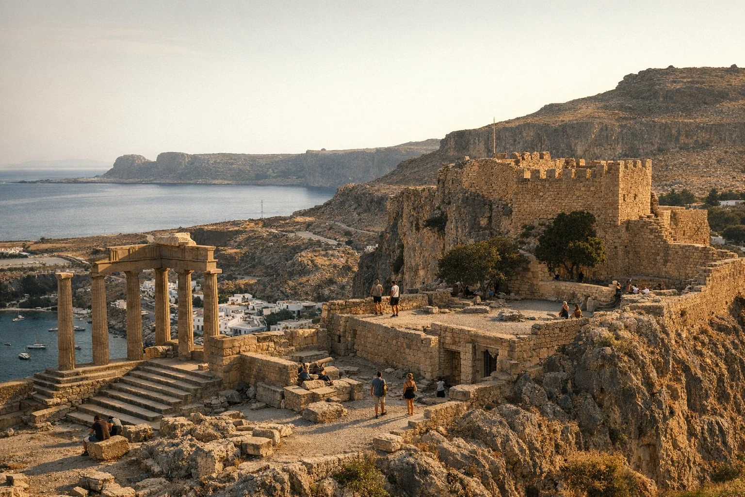 Panoramic view of the Acropolis of Lindos perched on a rocky hill above the azure coast of Rhodes, Greece