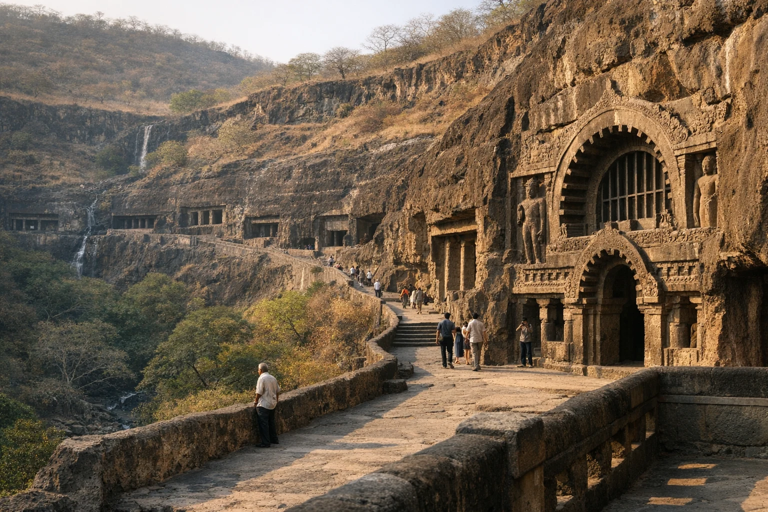 Rock-cut Buddhist cave temples and cliffside arc at Ajanta Caves in India