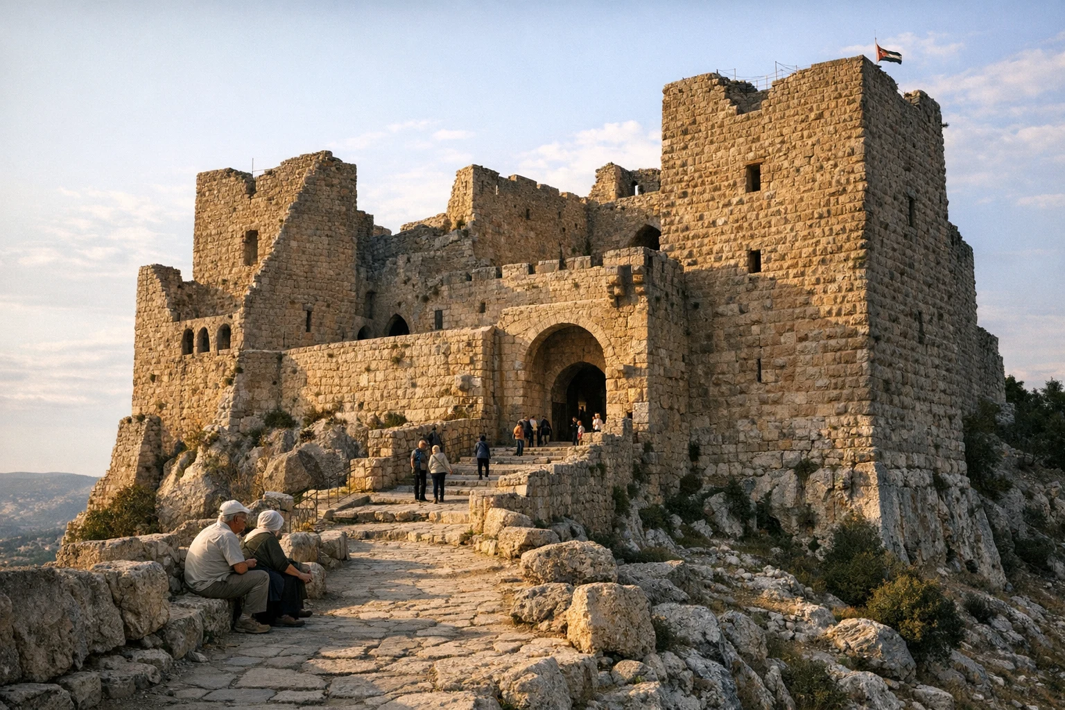 Ajloun Castle standing atop lush hills in northern Jordan under a blue sky