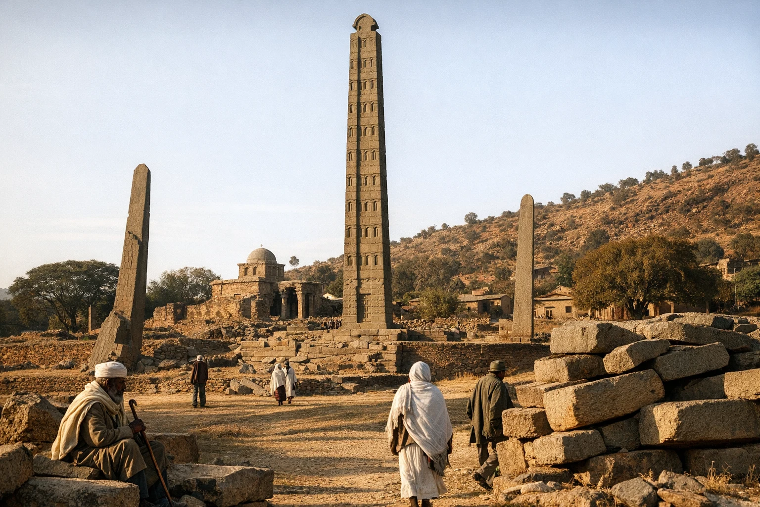 Ancient stelae field in Aksum, Ethiopia, with towering carved obelisks and archaeological remains