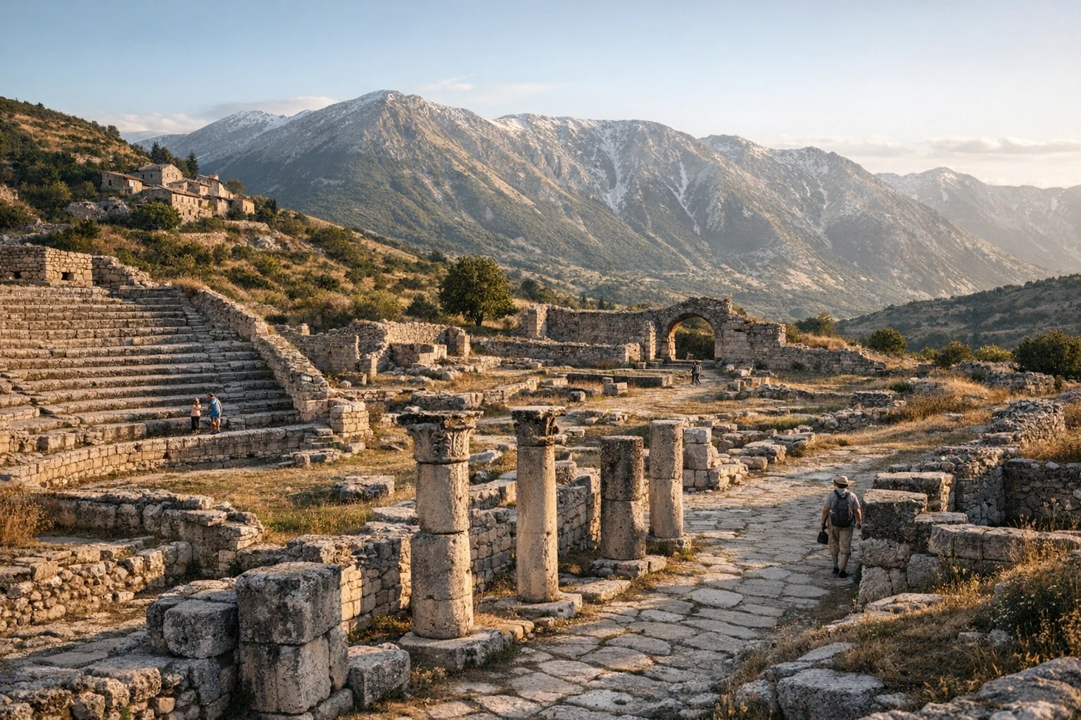 Ancient ruins of Alba Fucens in Abruzzo, Italy, with stone walls and mountain scenery