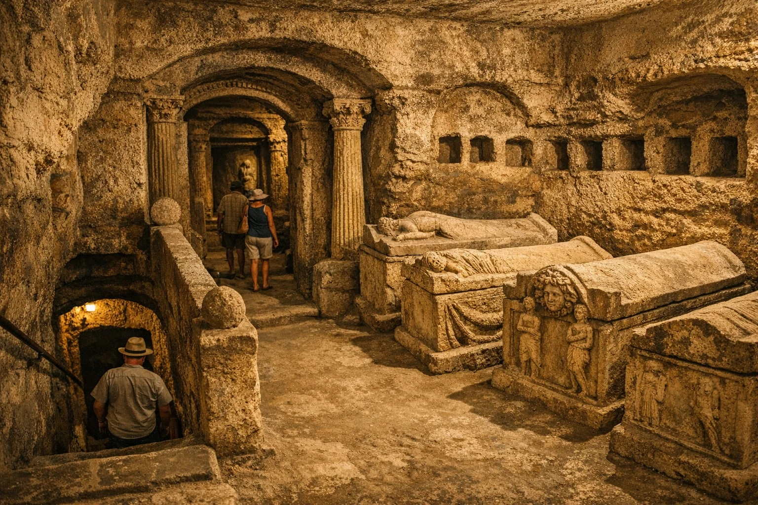 The carved chambers and stone sarcophagi inside Alexandria Catacombs in Egypt