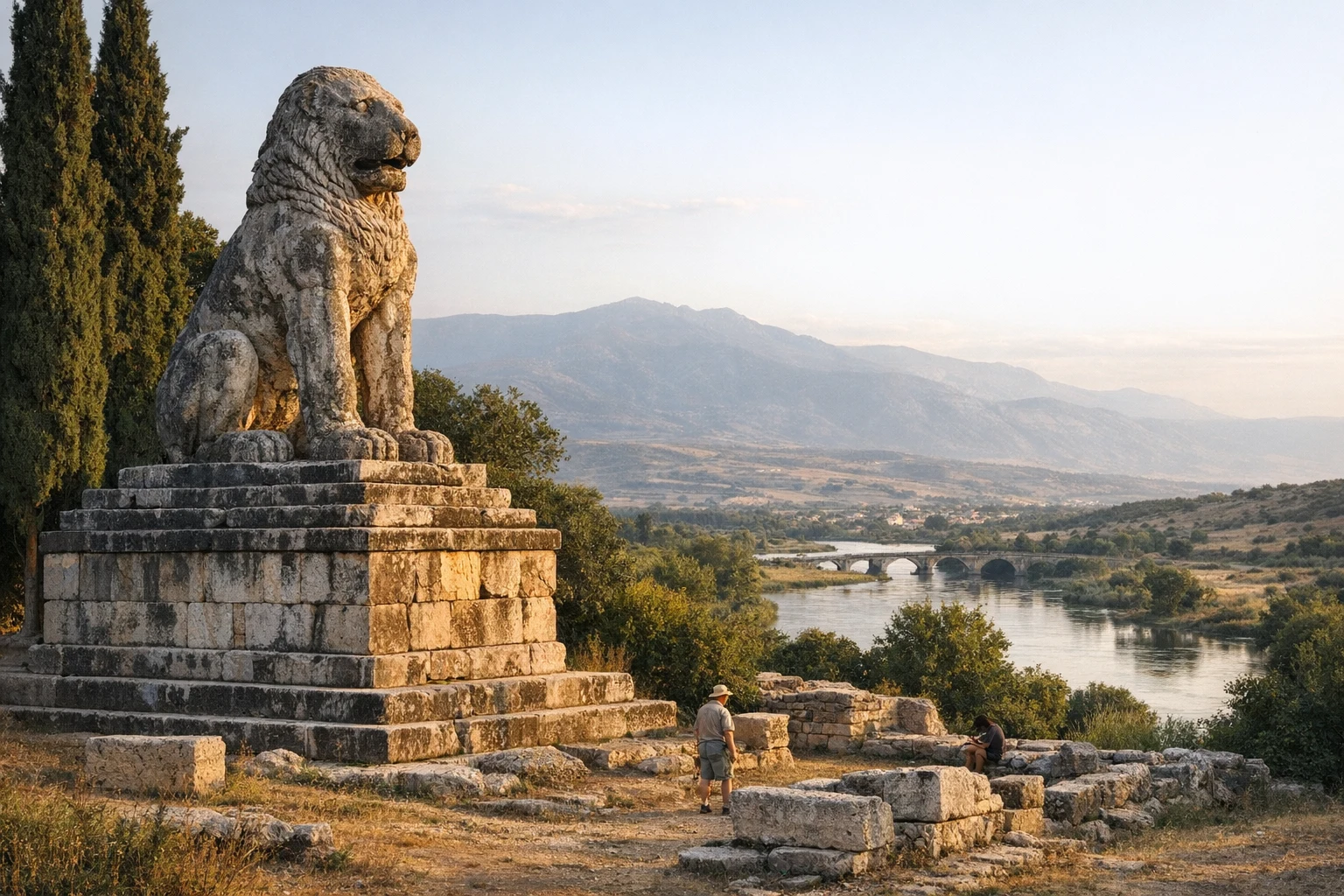 Ancient remains of Amphipolis in Greece with the Macedonian landscape beyond