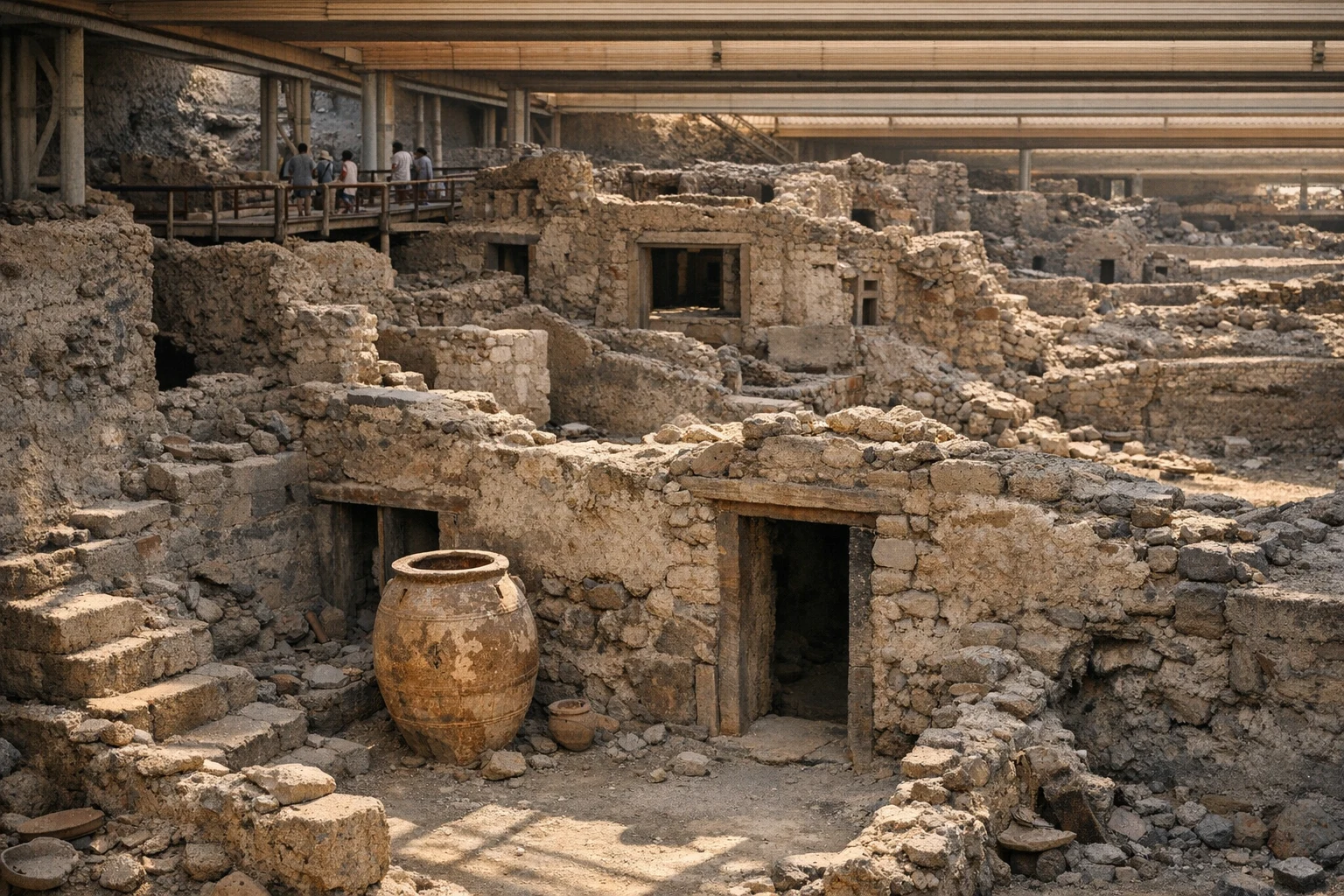 Panoramic view of the ancient ruins of Akrotiri on Santorini, Greece, with volcanic landscape