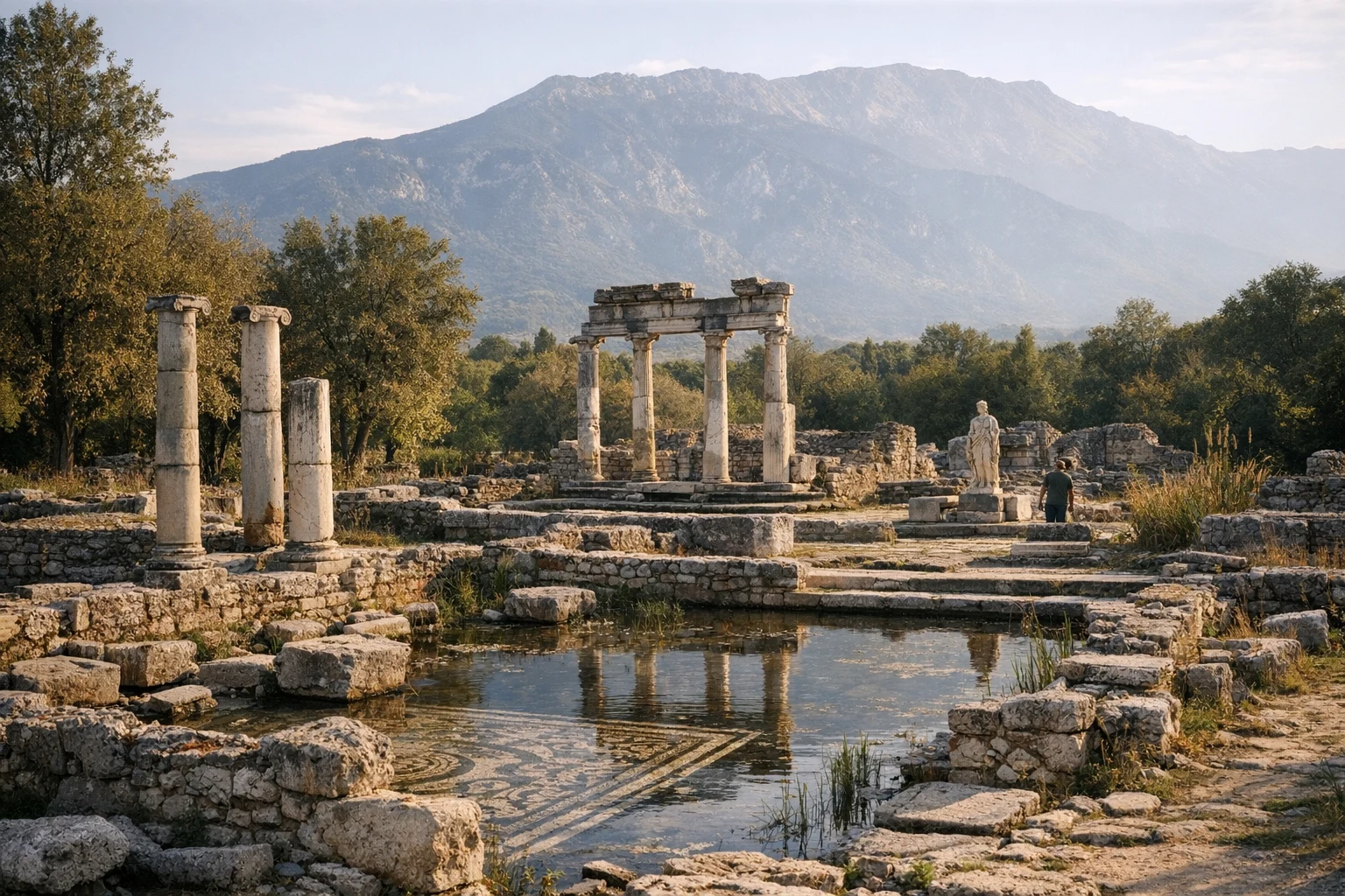 Archaeological ruins of Ancient Dion in Greece with columns, greenery, and Mount Olympus nearby