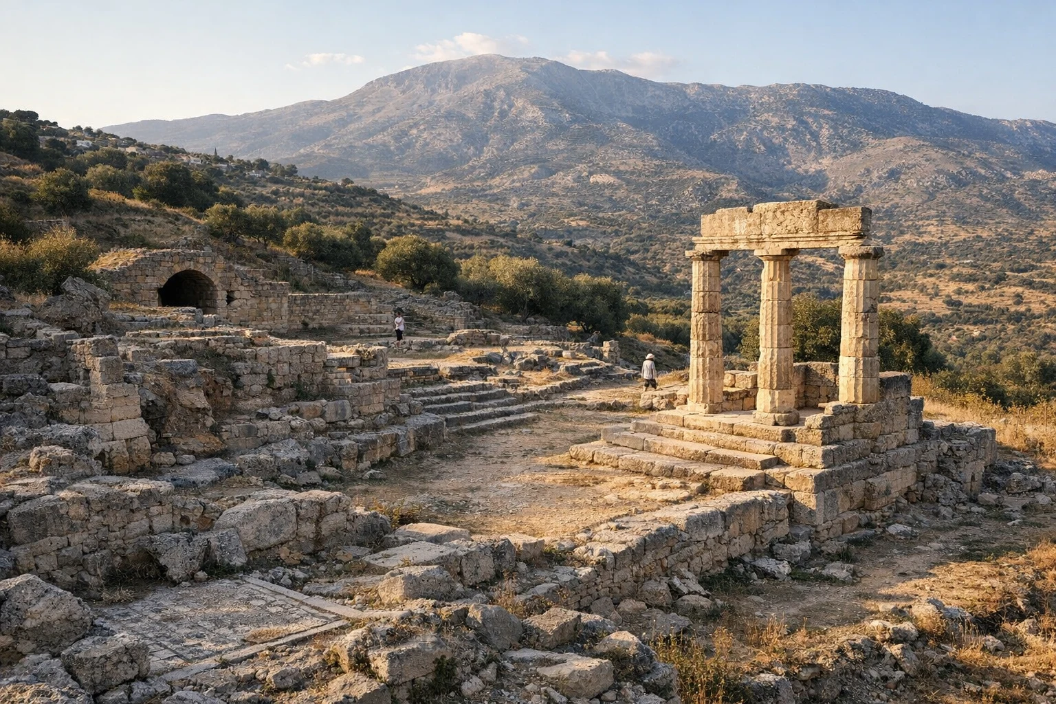 Ruins and hillside landscape at Ancient Eleutherna in Crete, Greece